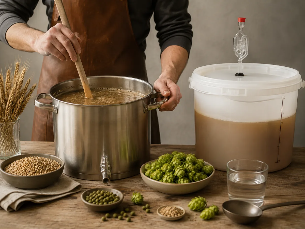 Hobbybrauer beim Maischen mit Braukessel, Gärbehälter, Malz und Hopfen