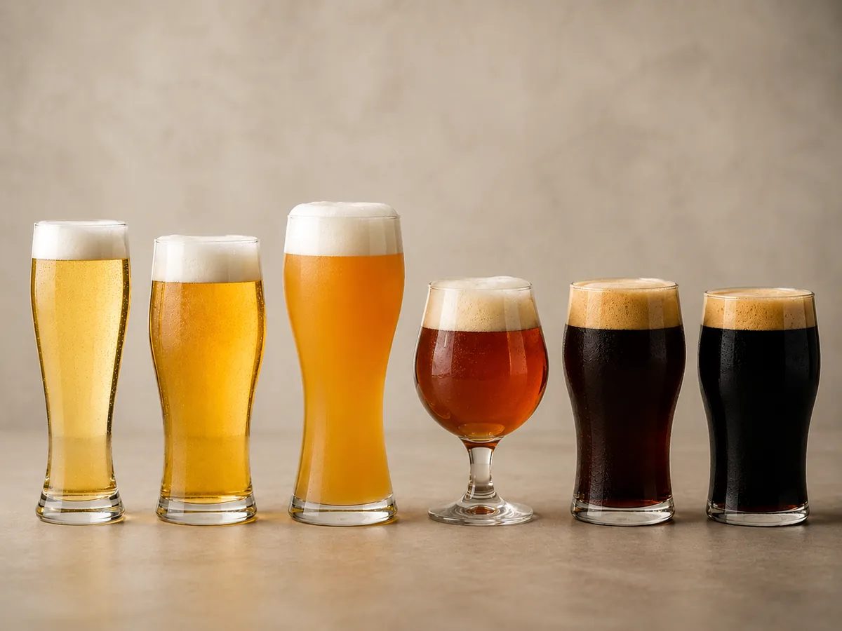 Sechs reale Biergläser in aufsteigenden EBC-Farben von sehr hellem Lager bis zu sehr dunklem Stout