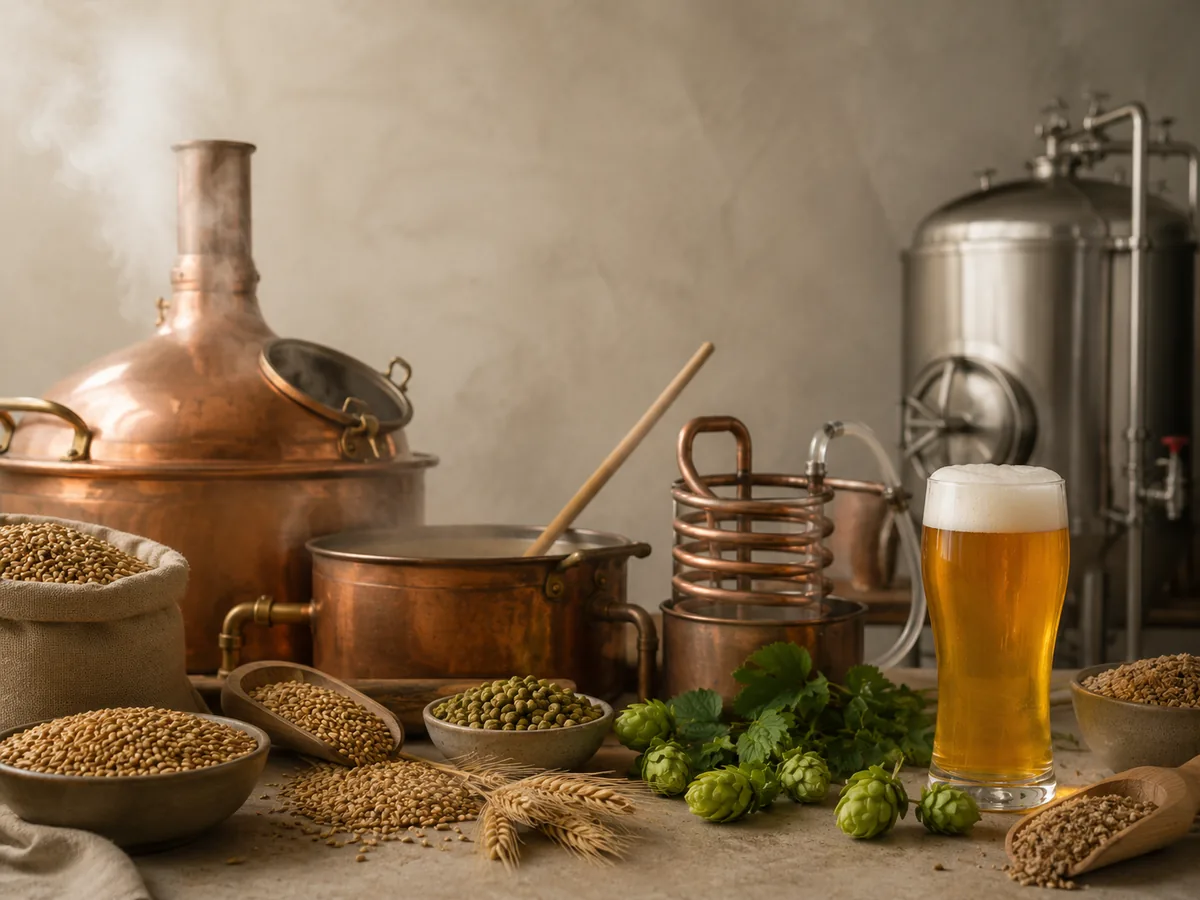 Brauprozess vom Malz über Kessel und Kühlung bis zum fertigen Bier