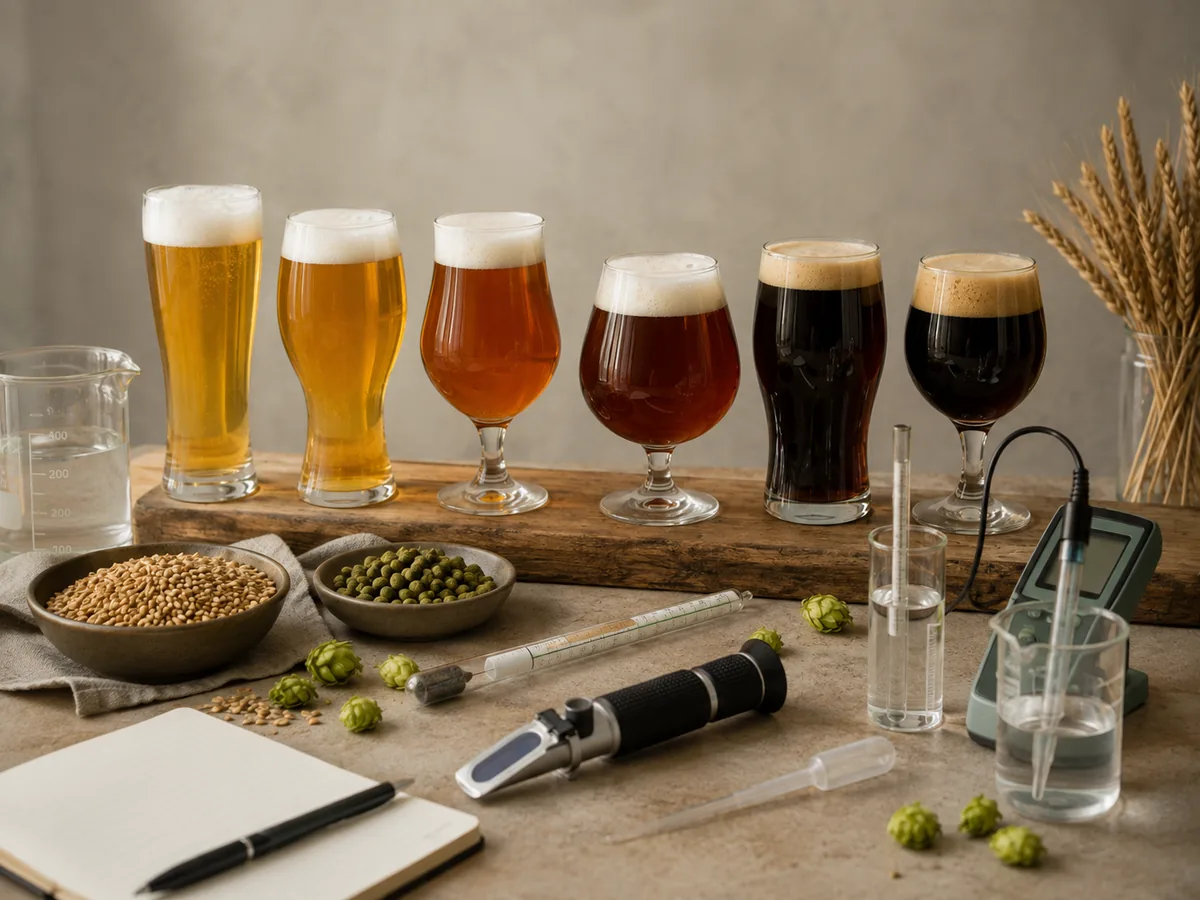 Bierwissen mit Bierfarben, Hydrometer, Refraktometer, pH-Messung, Malz und Hopfen