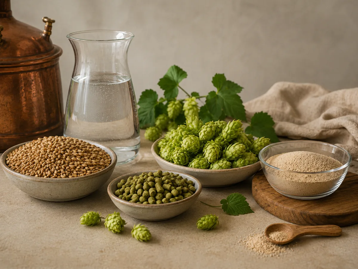 Die vier Brauzutaten Malz, Hopfen, Hefe und Wasser übersichtlich angeordnet