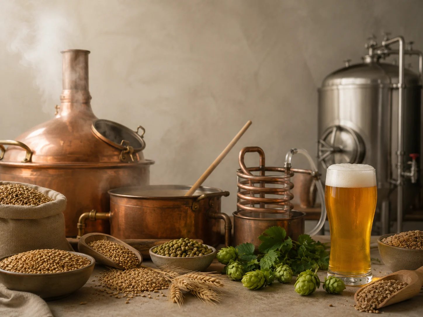 Historischer Braukontext mit Kupferkesseln, Brautechnik, Malz und Hopfen