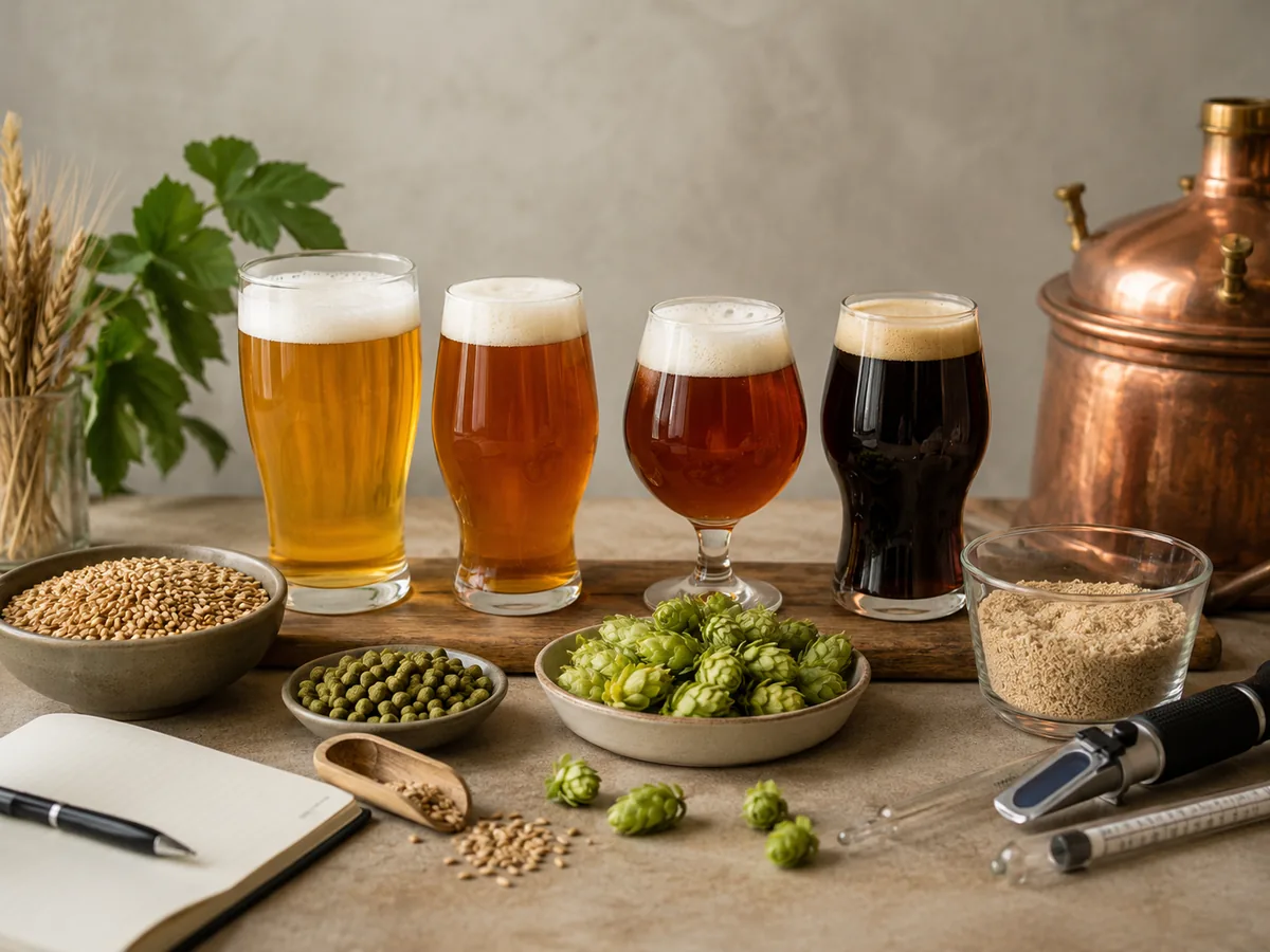 Bierwissen im Überblick mit unterschiedlichen Bierfarben, Malz, Hopfen, Hefe und Braumessgeräten