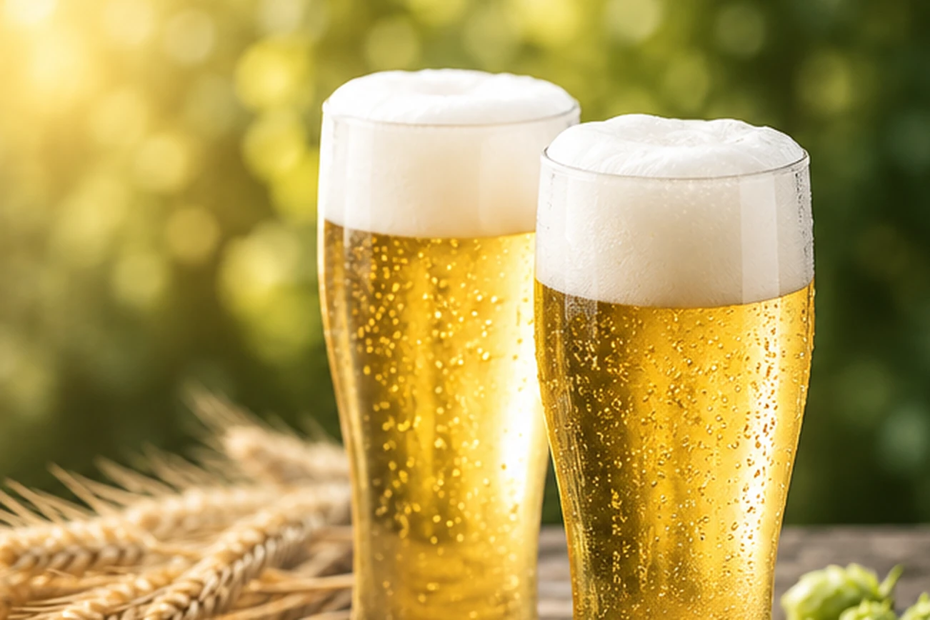 Zwei hellgoldene Pils im schlanken Glas mit Gerste und Hopfen